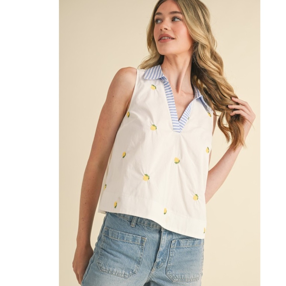 🌟 “The Marsha" Lemon Embroidery Collared Tank - Picture 2 of 4